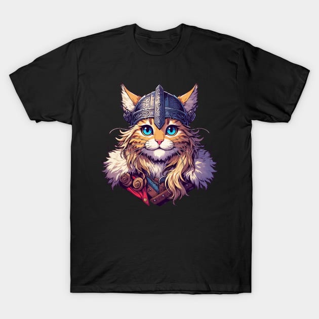 Cute Viking Warrior Cat Norse Mythology Anime Portrait T-Shirt by TomFrontierArt